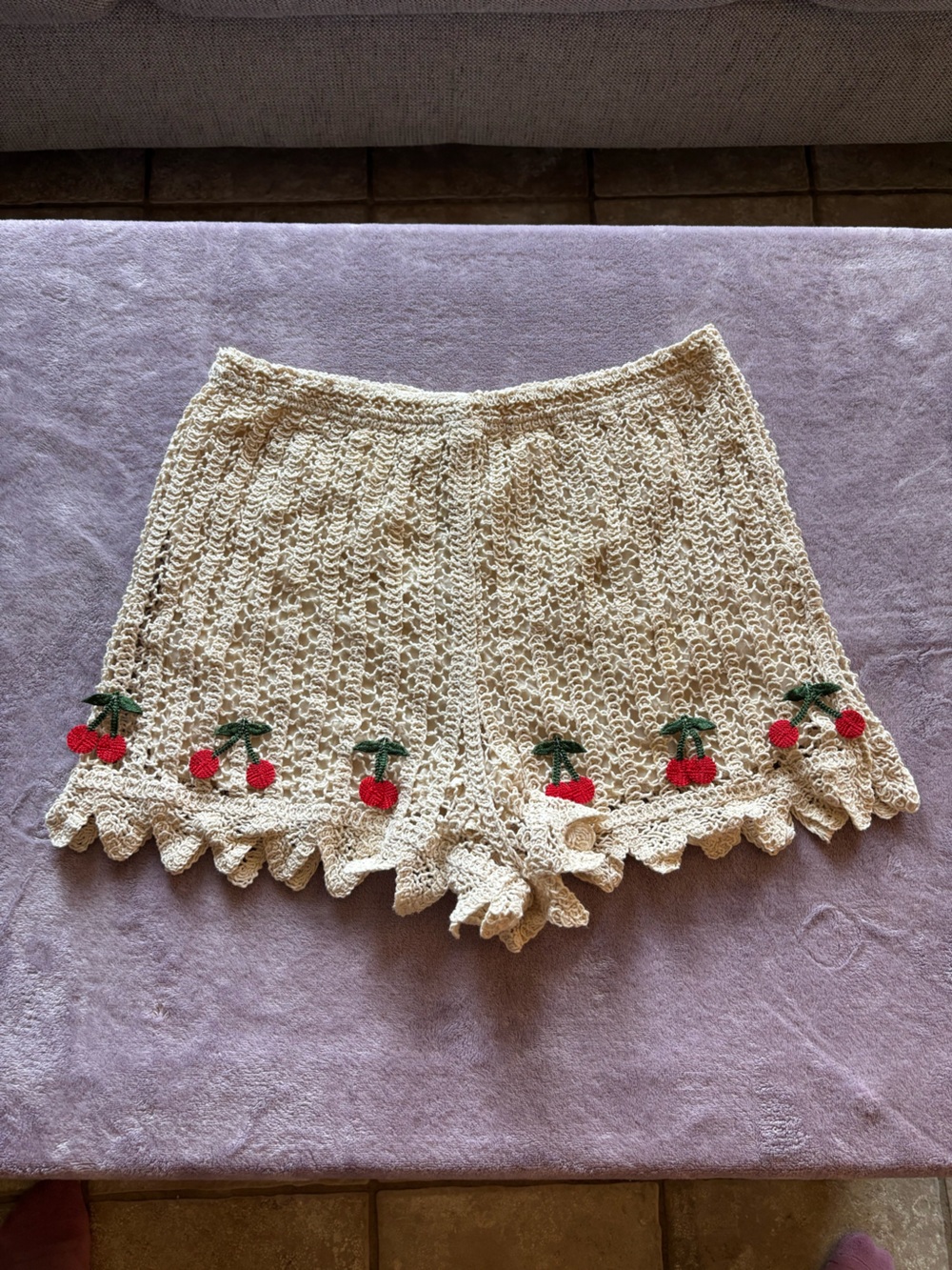 Rebellion Cream Crochet Shorts with Red Cherry Trim